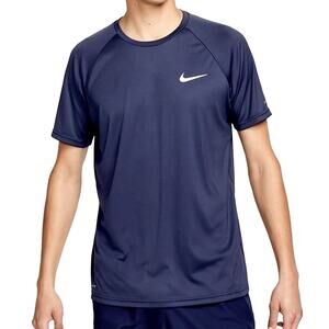 Nike Dri Fit Mens LARGE Navy Blue Swim Shirt Short Sleeve Top Polyester UPF 40+